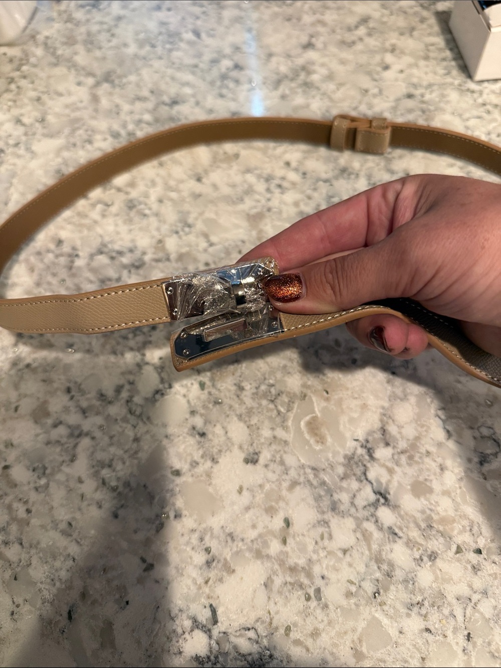 Beige Leather Waist Belt with Silver Buckle